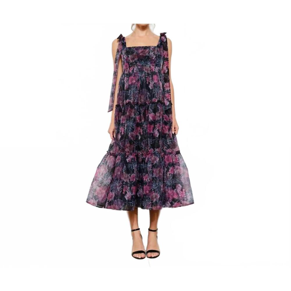 NEW INA FASHION organza floral printed tiered midi dress in black multi